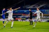 Leeds United's Raphinha, left, celebrates after scoring his team first goal during the English Premier League soccer match between Leeds United and Everton at Elland Road Stadium in Leeds, England, Wednesday, Feb. 3, 2021. (Jon Super/Pool via AP)