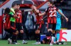Bournemouth players argue with the referee during the English Premier League soccer match between Bournemouth and Tottenham at the Vitality Stadium in Bournemouth, England, Thursday, July 9, 2020. (Richard Heathcote/Pool via AP)