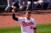 Baltimore Orioles' Trey Mancini tips his helmet as fans give him a standing ovation prior to batting against the Boston Red Sox during the first inning of a baseball game, Thursday, April 8, 2021, on Opening Day in Baltimore. (AP Photo/Julio Cortez)
