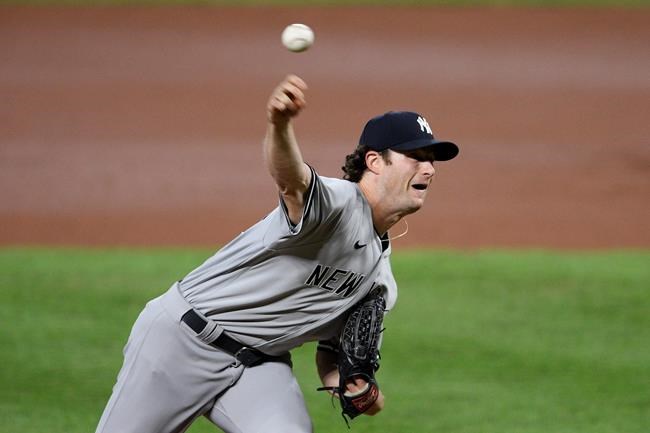 New York Yankees starting pitcher Gerrit Cole throws during the second inning of the team's baseball game against the Baltimore Orioles, Saturday, Sept. 5, 2020, in Baltimore. (AP Photo/Nick Wass)