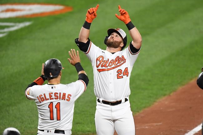 Baltimore Orioles' DJ Stewart (24) celebrates his home run with teammate Jose Iglesias (11) during the third inning of a baseball game against the Atlanta Braves, Monday, Sept. 14, 2020, in Baltimore. (AP Photo/Terrance Williams)