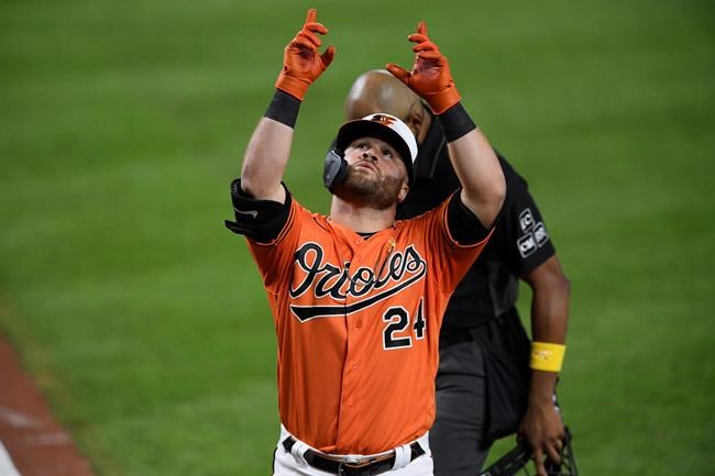 Baltimore Orioles' DJ Stewart celebrates his home run during the sixth inning of the team's baseball game against the New York Yankees, Saturday, Sept. 5, 2020, in Baltimore. (AP Photo/Nick Wass)