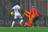 Atalanta's Duvan Zapata, left, scores his side's third goal during a Serie A soccer match between Benevento and Atalanta, in Benevento's Vigorito stadium, Italy, Saturday, Jan. 9, 2020. (Alessandro Garofalo/LaPresse via AP)