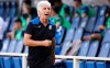 Atalanta coach Gian Piero Gasperini leaves the field after receiving the red card during the Italian Serie A soccer match between Atalanta and Bologna, at the Gewiss Stadium in Bergamo, Italy, Tuesday, July 21, 2020. (Giuseppe Zanardelli/LaPresse via AP)