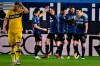 Atalanta's Robin Gosens celebrates with his teammates after scoring his side's third goal during the Italian Serie A soccer match between Atalanta and Parma at the Gewiss stadium in Bergamo, Italy, Wednesday, Jan. 6, 2021. (Gianluca Checchi /LaPresse via AP)