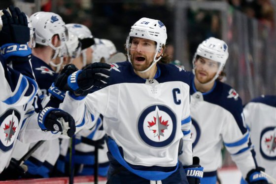 (AP Photo/Andy Clayton-King)Blake Wheeler celebrates after scoring on the Minnesota Wild in December, 2019, in St. Paul, Minnesota.