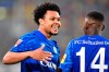 Schalke's Weston McKennie, left, celebrates with Schalke's Rabbi Matondo after scoring his side's opening goal during the German Bundesliga soccer match between Fortuna Duesseldorf and FC Schalke 04 in Duesseldorf, Germany, Wednesday, May 27, 2020. The nine-time defending Serie A champion McKennie has become the first American player at Juventus, confirmed late Saturday, August, 30, 2020. (AP Photo/Martin Meissner, Pool, File)