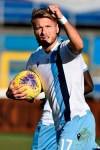 Lazio's Ciro Immobile celebrates after scoring his side's first goal on a penalty kick, during the Italian Series A soccer match between Brescia and Lazio at the Mario Rigamonti stadium in Brescia, Italy, Sunday, Jan. 5, 2020. (Gianluca Checchi/LaPresse via AP)