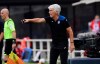 Atalanta coach Gian Piero Gasperini gives indications during a Serie A soccer match between Atalanta and Napoli, at Bergamo's Stadium, northern Italy, Thursday, July 2, 2020. (Giuseppe Zanardelli/LaPresse via AP)