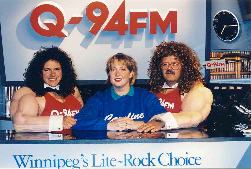 Beau (from left), Caroline Hunter and Tom Milroy at Q-94 in the early '90s. (Supplied)