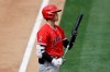 Los Angeles Angels' Shohei Ohtani examines his bat after taking a strike from Oakland Athletics pitcher Chris Bassitt in the fifth inning of a baseball game Saturday, Aug. 22, 2020, in Oakland, Calif. (AP Photo/Ben Margot)