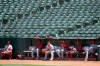 Los Angeles Angels sit in the bullpen during the fifth inning of the team's baseball game against the Oakland Athletics on Monday, July 27, 2020, in Oakland, Calif. (AP Photo/Ben Margot)