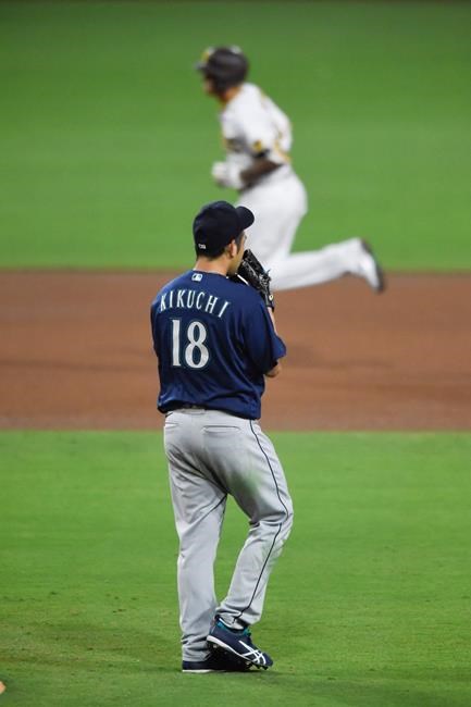Seattle Mariners starting pitcher Yusei Kikuchi (18) looks to the outfield after giving up a two-run home run to San Diego Padres Manny Machado during the fourth inning of a baseball game Friday, Sept. 18, 2020, in San Diego. (AP Photo/Denis Poroy)