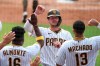 San Diego Padres Wil Myers is congratulated by teammates after hitting a solo home run against the San Francisco Giants' in the second inning of a baseball game Sunday, Sept. 13, 2020, in San Diego. (AP Photo/Derrick Tuskan)