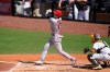 Los Angeles Angels' Shohei Ohtani watches his flyout during the third inning of a baseball game against the San Diego Padres, Wednesday, Sept. 23, 2020, in San Diego. (AP Photo/Gregory Bull)