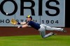 Milwaukee Brewers left fielder Billy McKinney makes a diving catch for the out on San Diego Padres' Wil Myers during the fourth inning of a baseball game Tuesday, April 20, 2021, in San Diego. (AP Photo/Gregory Bull)