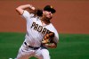 San Diego Padres starting pitcher Mike Clevinger works against a Los Angeles Angels batter during the first inning of a baseball game Wednesday, Sept. 23, 2020, in San Diego. (AP Photo/Gregory Bull)