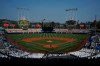 Cutouts are seated at Dodger Stadium as Houston Astros' Zack Greinke, center, pitches against the Oakland Athletics during the first inning of Game 4 of a baseball American League Division Series in Los Angeles, Thursday, Oct. 8, 2020. (AP Photo/Marcio Jose Sanchez)