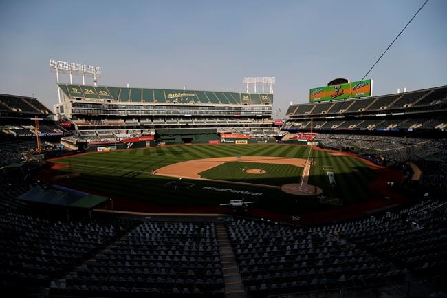 A general view of RingCentral Coliseum before the Oakland Athletics and Houston Astros baseball game in Oakland, Calif., Monday, Sept. 7, 2020. (AP Photo/Jed Jacobsohn)