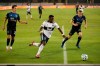 San Jose Earthquakes midfielder Carlos Fierro, left, and forward Tommy Thompson, right, defend against Vancouver Whitecaps forward Cristian Dajome during the first half of an MLS soccer match Wednesday, Oct. 7, 2020, in San Jose, Calif. (AP Photo/Josie Lepe)