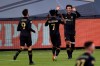 From right to left, Los Angeles FC's Carlos Vela celebrates his goal with Latif Blessing and Diego Rossi during the first half of an MLS soccer match against the Portland Timbers in Los Angeles, Sunday, Nov. 8, 2020. (AP Photo/Kelvin Kuo)