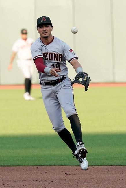 Arizona Diamondbacks second baseman Josh Rojas throws to first base to get San Francisco Giants' Pablo Sandoval out during the third inning of a baseball game on Monday, Sept. 7, 2020, in San Francisco. (AP Photo/Tony Avelar)