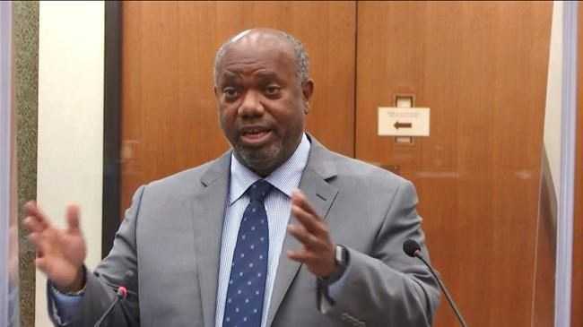 In this image taken from video, prosecutor Jerry Blackwell questions witness Dr. Bill Smock, a Louisville physician in forensic medicine, as Hennepin County Judge Peter Cahill presides Thursday, April 8, 2021, in the trial of former Minneapolis police Officer Derek Chauvin at the Hennepin County Courthouse in Minneapolis, Minn. Chauvin is charged in the May 25, 2020 death of George Floyd. (Court TV via AP, Pool)