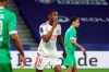 Lyon's Philana Tinotenda Kadewere celebrates after he scored a goal against Saint-Etienne during the French League One soccer match between Lyon and Saint-Etienne in Decines, near Lyon, central France, Sunday, Nov. 8, 2020. (AP Photo/Laurent Cipriani)