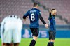 Alejandro Gomez from Atalanta, right, celebrates scoring during the Champions League group D soccer match between FC Midtjylland and Atalanta at MCH Arena in Herning, Denmark, Wednesday Oct. 21, 2020. (Henning Bagger/Ritzau Scanpix via AP)
