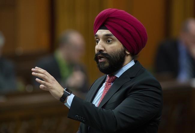 Innovation, Science and Economic Development Minister Navdeep Bains responds to a question during Question Period in the House of Commons Monday April 1, 2019 in Ottawa. The federal government and Mastercard are working together to develop technologies and standards aimed at ensuring safe and secure use of any device connected to the internet. THE CANADIAN PRESS/Adrian Wyld