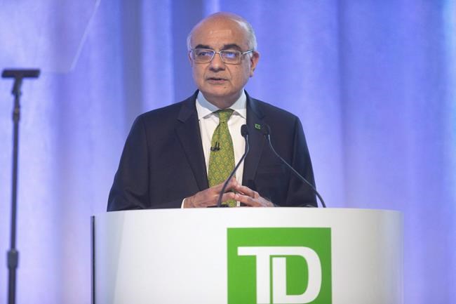 Toronto-Dominion Bank chief executive Bharat Masrani speaks at their annual general meeting in Toronto on Thursday, March 29, 2018. The chief executive of TD Bank Group saw his total compensation in 2019 fall compared with 2018 when his received a special one-time stock option ward of $1.9 million. THE CANADIAN PRESS/Chris Young