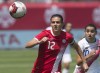 Canada's Christine Sinclair (left) and Costa Rica's Shirley Cruz chase a through ball during first half international women's soccer action in Toronto on Sunday, June 11, 2017. Sinclair, who is one goal away from tying Abby Wambach's world-record total of 184, has been named the Canada Soccer Player of the Decade. THE CANADIAN PRESS/Chris Young