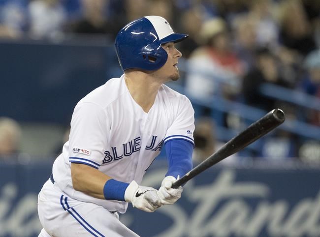 Toronto Blue Jays' Reese McGuire hits a double against the New York Yankees in the fourth inning of their American League MLB baseball game in Toronto on September 13, 2019. Toronto Blue Jays catcher Reese McGuire is facing a misdemeanour exposure charge after an incident last week in Dunedin, Fla., and a court date has been scheduled for next month, authorities said. McGuire was arrested for 'exposure of sexual organs' on Friday afternoon and given a notice to appear in a Clearwater, Fla., court on March 16, according to Cpl. Chuck Skipper, a public information spokesman with the Pinellas County Sheriff's Office. THE CANADIAN PRESS/Fred Thornhill
