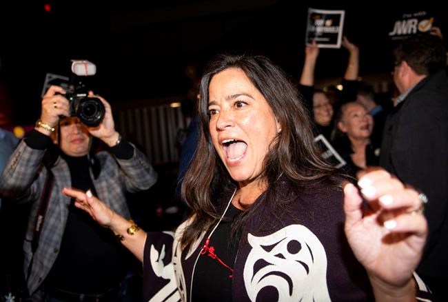 Independent candidate Jody Wilson-Raybould celebrates her election win in Vancouver, B.C. on Monday, October 21, 2019. The SNC-Lavalin affair cost Justin Trudeau two cabinet ministers, his most trusted aide, the top federal public servant and possibly a second majority mandate; and now the woman at the centre of it all — Jody Wilson-Raybould — is the 2019 Newsmaker of the Year. THE CANADIAN PRESS/Jimmy Jeong