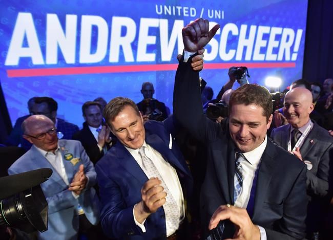 Andrew Scheer, right, is congratulated by Maxime Bernier after being elected the new leader of the federal Conservative party at the federal Conservative leadership convention in Toronto on Saturday, May 27, 2017. A senior Conservative instrumental in the party's last leadership race says holding another at the upcoming convention in April is feasible, but would take a lot of work. THE CANADIAN PRESS/Frank Gunn