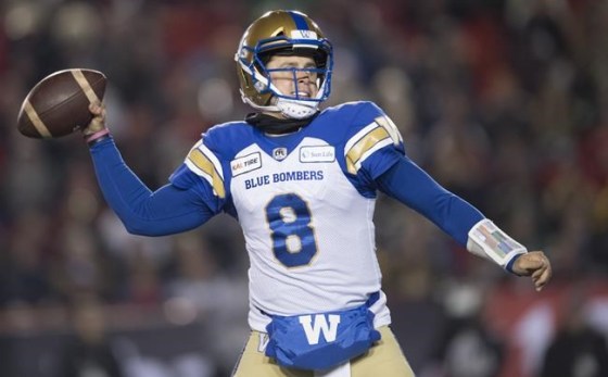 Winnipeg Blue Bombers quarterback Zach Collaros throws the ball during first half football action in the 107th Grey Cup against the Hamilton Tiger-Cats in Calgary, Alta., Sunday, November 24, 2019. The Blue Bombers have agreed to terms with quarterback Collaros on a two-year contract extension. THE CANADIAN PRESS/Nathan Denette