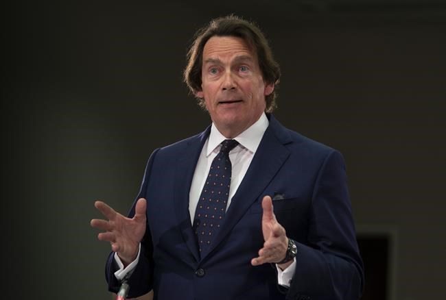 Quebecor CEO Pierre Karl Peladeau speaks during public hearings at the CRTC in Gatineau, Quebec, Wednesday April 17, 2019. THE CANADIAN PRESS/Adrian Wyld