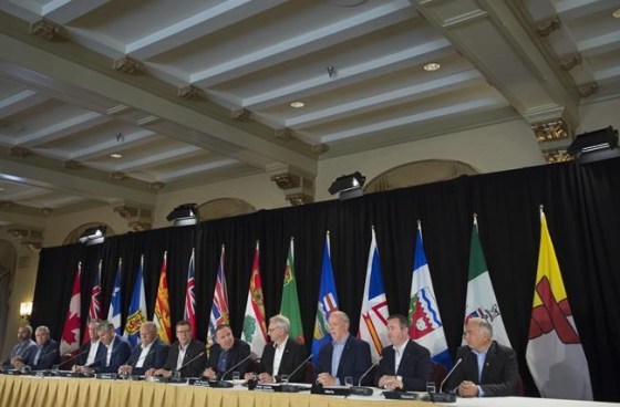 Canada's Premiers, left to right, Sandy Silver, Yukon, Dwight Ball, Newfoundland and Labrador, Brian Pallister, Manitoba, Stephen McNeil, Nova Scotia, Doug Ford, Ontario, Scott Moe, Saskatchewan, Francois Legault, Quebec, Blaine Higgs, New Brunswick, John Horgan, British Columbia, Jason Kenney, Alberta and Joe Savikataaq, Nunavut are seen during a closing news conference following a meeting of Canada's Premiers in Saskatoon, Sask. Thursday, July 11, 2019. Canada's premiers are meeting today just outside Toronto for the first time as a group since the federal election. THE CANADIAN PRESS/Jonathan Hayward