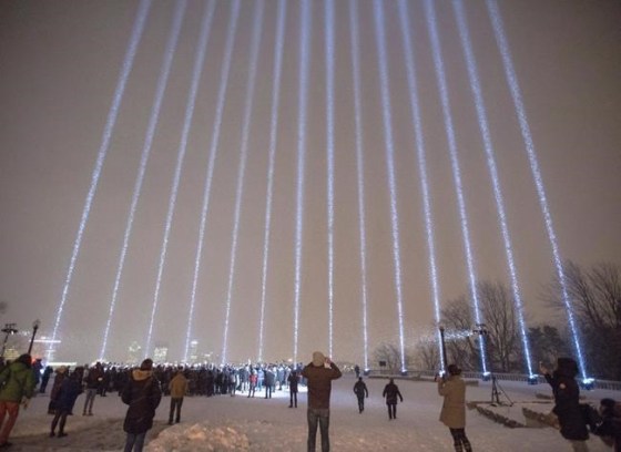 Fourteen lights shine skyward at a vigil honouring the victims of the 1989 Ecole Polytechnique attack, Thursday, December 6, 2018 in Montreal. Several events are planned across the country today to mark the grim 30th anniversary of the Montreal Massacre. On the evening of Dec. 6, 1989, a gunman entered Montreal's Ecole polytechnique, killing 14 women in an anti-feminist mass slaying before taking his own life.THE CANADIAN PRESS/Ryan Remiorz