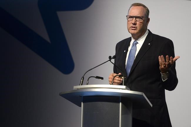George Cope, then-President and CEO of BCE and Bell, speaks at the Bell Let's Talk special announcement held at the TIFF Bell Lightbox in Toronto, Tuesday, Sept. 22, 2015. Wednesday marks the 10th edition of Bell Canada's Let's Talk Day in support of mental health initiatives, an event that has become one of the country's best-known examples of corporate outreach. Bell has donated more than $100 million toward research, community groups and other organizations during the past decade and has drawn praise for its efforts to combat the stigma of mental illness. The annual event has also been a target for critics of Bell, who have called on the company to focus on the well-being of its own employees. THE CANADIAN PRESS/Marta Iwanek