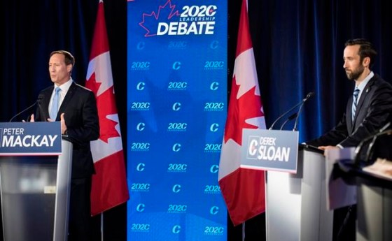 Conservative Party of Canada leadership candidates Peter MacKay, left, and Derek Sloan participate in the English debate in Toronto on Thursday, June 18, 2020. The Conservative leadership race nears the finish line today with a 5 p.m. eastern deadline for ballots to be returned to the party. THE CANADIAN PRESS/Tijana Martin