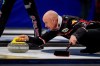 Skip Kevin Koe releases his first rock during the fourth end of the men's final of the Humpty's Champions Cup against Team Bottcher in Saskatoon, Sask., on Sunday April 28, 2019. The defending champ will skip the Canada entry when the main draw begins Saturday at the Leon's Centre. THE CANADIAN PRESS/Matt Smith