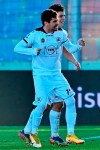 Spezia's Diego Farias celebrates after scoring his side's first goal during the Italian Serie A soccer match between Crotone and Spezia, at the Ezio Scida stadium in Crotone, Italy, Saturday, Dec. 12, 2020. (Francesco Mazzitello/LaPresse via AP)