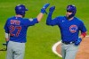 Chicago Cubs' Victor Caratini, right, celebrates with Jason Kipnis after hitting a two-run home run against the Chicago White Sox during the sixth inning of a baseball game in Chicago, Friday, Sept. 25, 2020. (AP Photo/Nam Y. Huh)