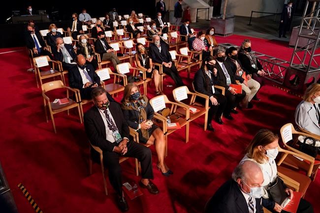 Guests for the first presidential debate take their seats, Tuesday, Sept. 29, 2020, at Case Western University and Cleveland Clinic, in Cleveland, Ohio. (AP Photo/Patrick Semansky)