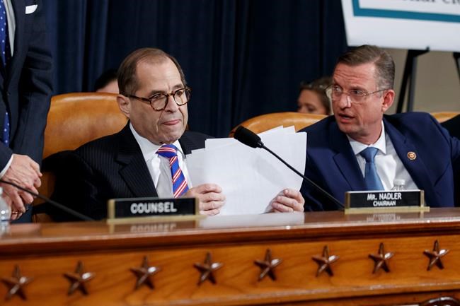 House Judiciary Committee Chairman Rep. Jerrold Nadler, D-N.Y., left, gathers his papers as ranking member Rep. Doug Collins, R-Ga., talks after the House Judiciary Committee hearing on the constitutional grounds for the impeachment of President Donald Trump, on Capitol Hill in Washington, Wednesday, Dec. 4, 2019 (AP Photo/Alex Brandon)