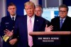 President Donald Trump speaks about the coronavirus in the James Brady Press Briefing Room of the White House, Wednesday, April 1, 2020, in Washington, as Adm. Karl Leo Schultz, commandant of the Coast Guard, national security adviser Robert O'Brien and Attorney General William Barr listen. (AP Photo/Alex Brandon)