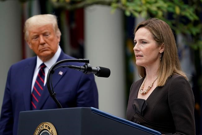 Judge Amy Coney Barrett speaks after President Donald Trump announced Barrett as his nominee to the Supreme Court, in the Rose Garden at the White House, Saturday, Sept. 26, 2020, in Washington. (AP Photo/Alex Brandon)