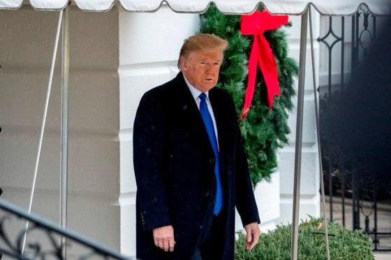 President Donald Trump walks towards members of the media before boarding Marine One on the south Lawn of the White House in Washington, Monday, Dec. 2, 2019, for a short trip to Andrews Air Force Base, Md., and then on to London. (AP Photo/Andrew Harnik)