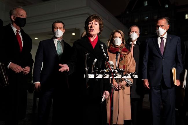Sen. Susan Collins, R-Maine, speaks after meeting President Joe Biden and Vice President Kamala Harris to discuss a coronavirus relief package, in the Oval Office of the White House, Monday, Feb. 1, 2021, in Washington. (AP Photo/Evan Vucci)